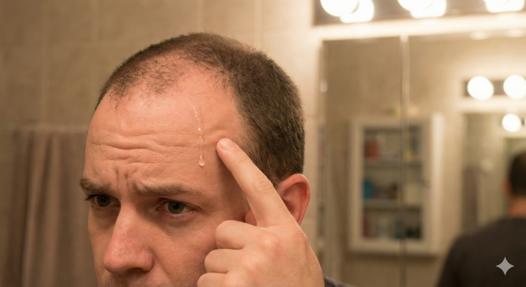 使用生髮水滴管時,藥液從髮際線流到額頭的常見困擾情境特寫。