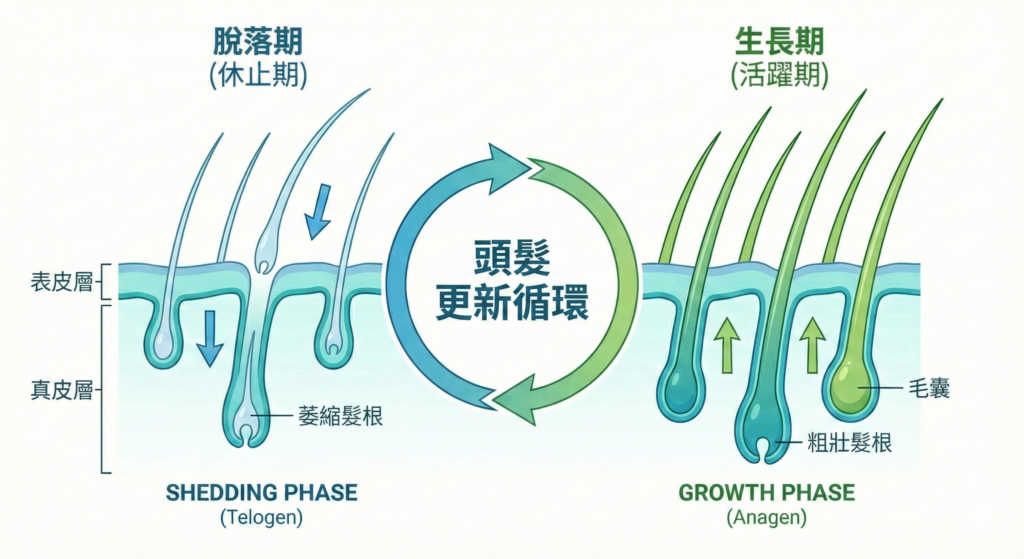 Minoxidil 生髮水狂脫期原理示意圖：圖解毛囊中粗壯的新頭髮（生長期）正在由下往上推擠，將上方細軟的舊頭髮（休止期）排出的汰舊換新過程。