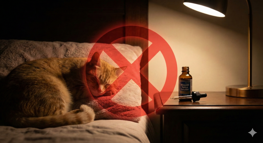 Minoxidil 寵物安全警示：一隻貓咪睡在枕頭旁，旁邊床頭櫃放著生髮水，畫面上疊加巨大的紅色禁止符號，強調對貓咪的劇毒危險。
