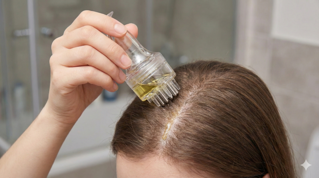 使用頭皮導液梳將生髮液精準塗抹於髮根頭皮的特寫照片,梳齒撥開頭髮,過程乾淨不沾手。