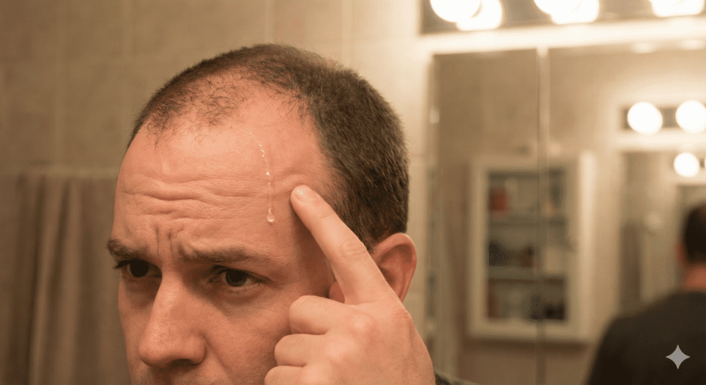 使用生髮水滴管時,藥液從髮際線流到額頭的常見困擾情境特寫。