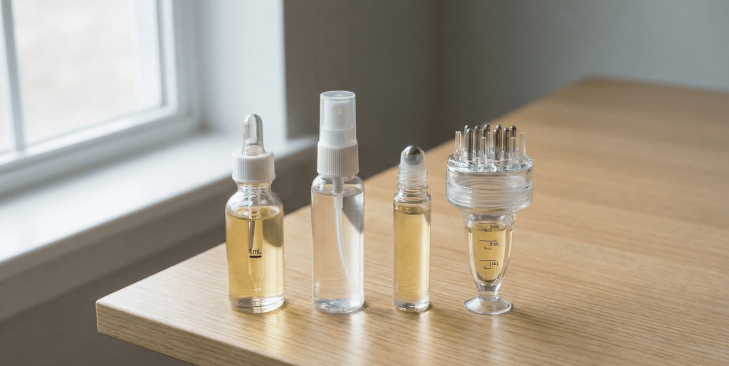 四種生髮液上藥工具一字排開對比:原廠滴管、噴頭、滾珠瓶與頭皮導液梳,放置於乾淨木紋桌面上。