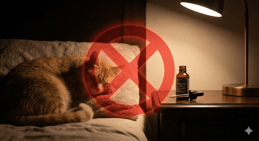 Minoxidil 寵物安全警示:一隻貓咪睡在枕頭旁,旁邊床頭櫃放著生髮水,畫面上疊加巨大的紅色禁止符號,強調對貓咪的劇毒危險。