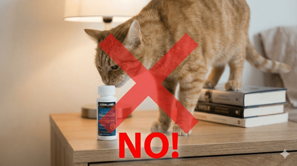 生髮水寵物安全警示圖:一隻好奇的貓咪靠近 Kirkland Minoxidil 生髮水,畫面上疊加巨大的紅色禁止符號。強調 Minoxidil 成分對貓咪具有致死劇毒,需嚴格隔離。