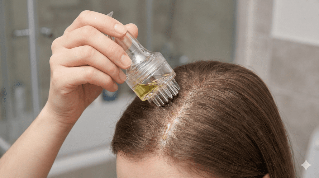 使用頭皮導液梳將生髮液精準塗抹於髮根頭皮的特寫照片,梳齒撥開頭髮,過程乾淨不沾手。