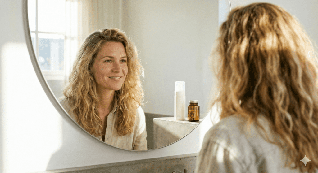 2026女性生髮攻略首圖:一位充滿自信的女性在明亮的浴室鏡前檢視健康豐盈的秀髮,象徵治療後的希望。