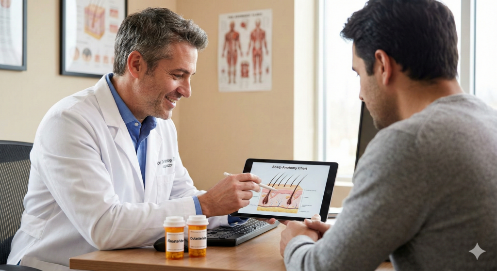 皮膚科醫師與患者進行生髮諮詢的情境照片，醫師指著平板上的頭皮圖表進行解說，桌上擺放著口服生髮藥物。強調尋求專業醫療評估的重要性。