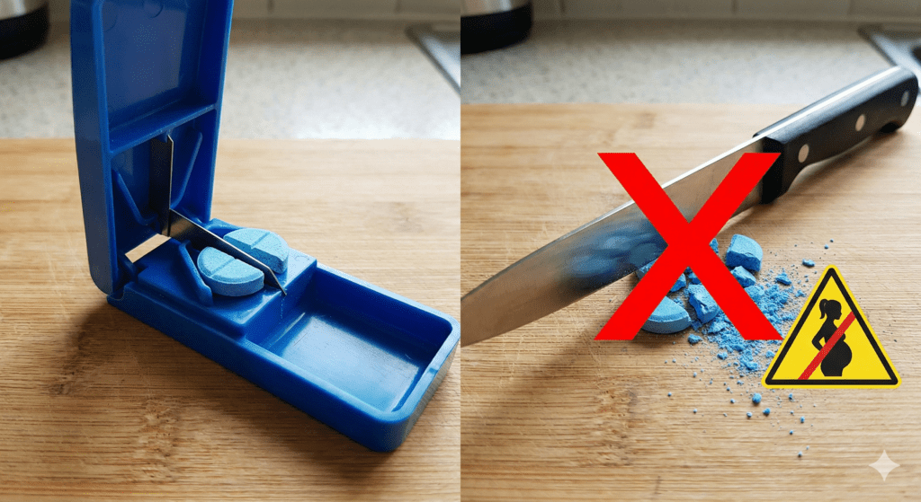 切藥工具對比警示圖：左側使用專業切藥器切出完整藥塊，右側使用菜刀導致藥丸碎裂成粉末。紅色禁止符號與孕婦警示圖示強調藥粉飛散的風險。