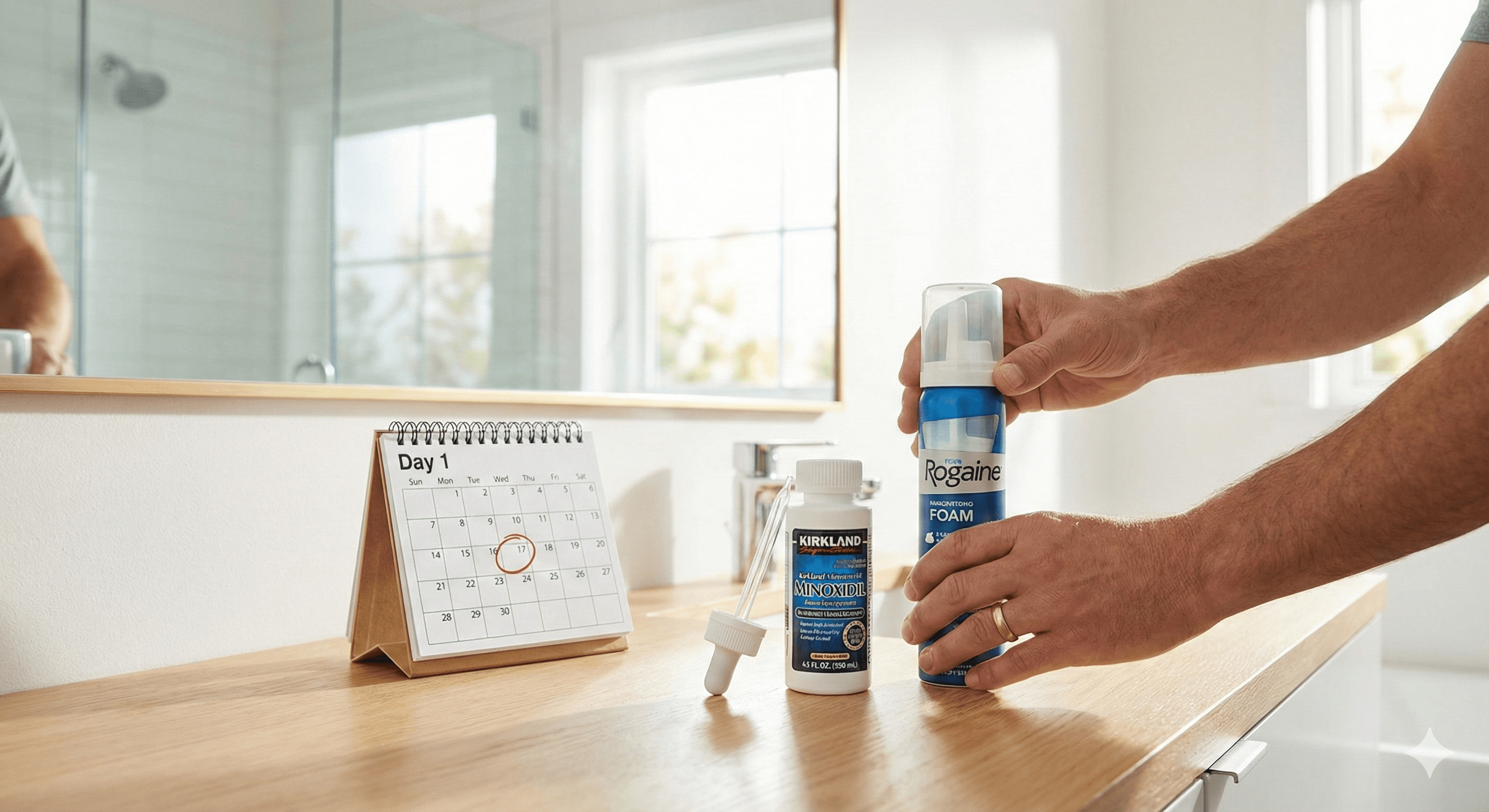 2026年新手生髮指南首圖:明亮浴室中擺放著 Kirkland 生髮水與落建慕斯,日曆標示第一天,象徵開始生髮療程。