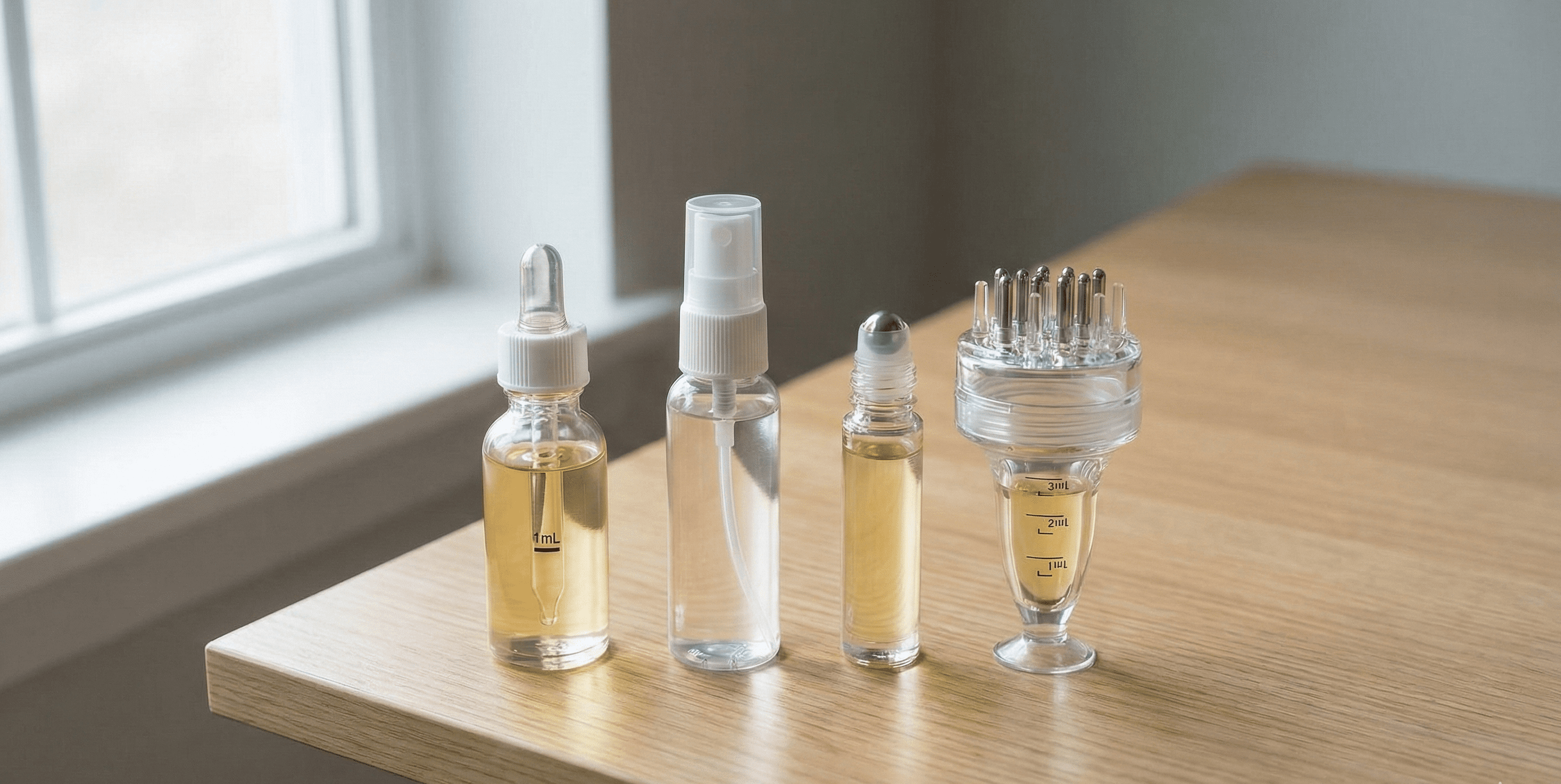 四種生髮液上藥工具一字排開對比:原廠滴管、噴頭、滾珠瓶與頭皮導液梳,放置於乾淨木紋桌面上。