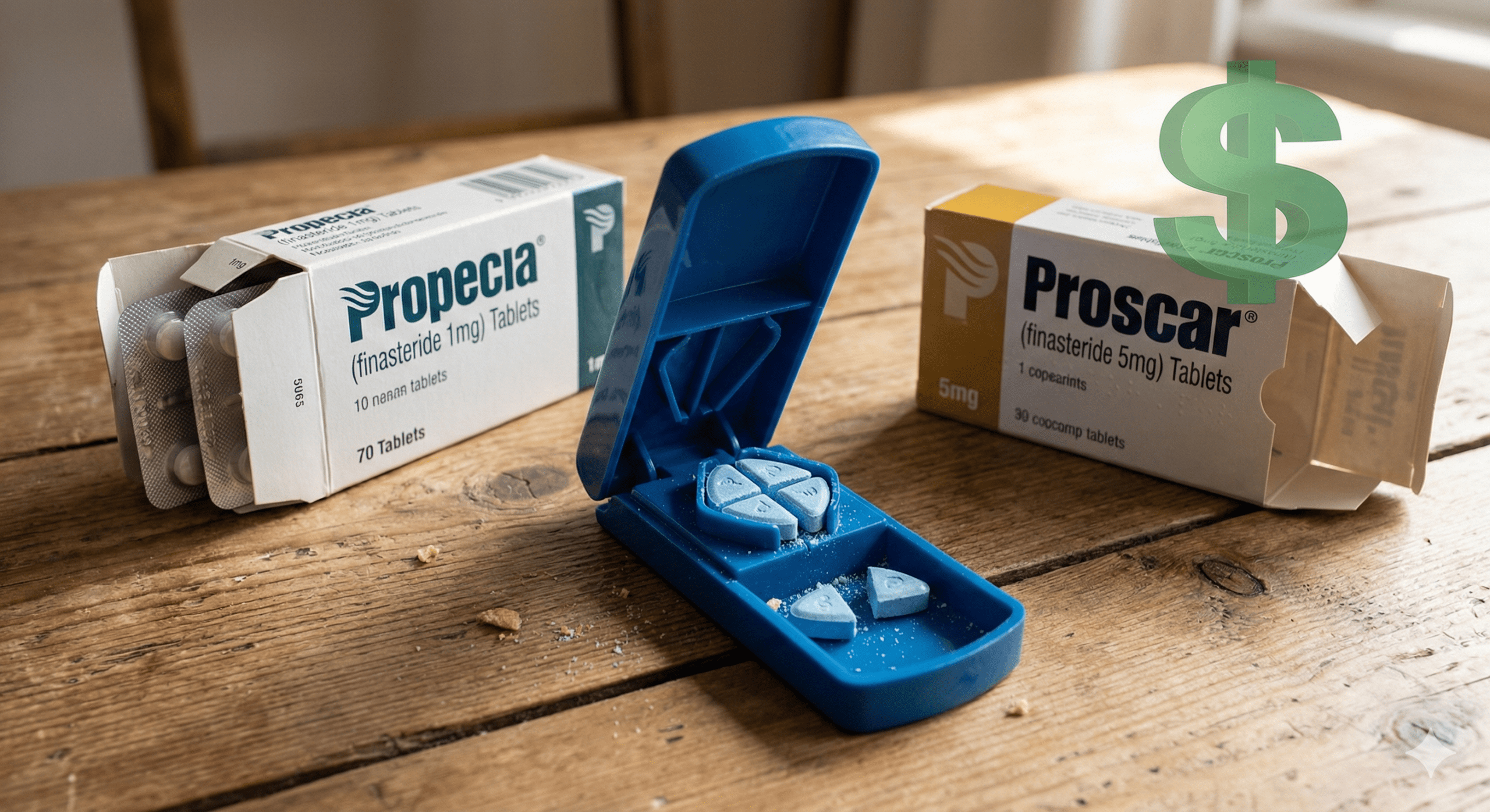 柔沛(Propecia)與波斯卡(Proscar)藥盒並列對比圖，中間展示使用切藥器將波斯卡切成四份，象徵口服生髮藥的省錢替代方案。