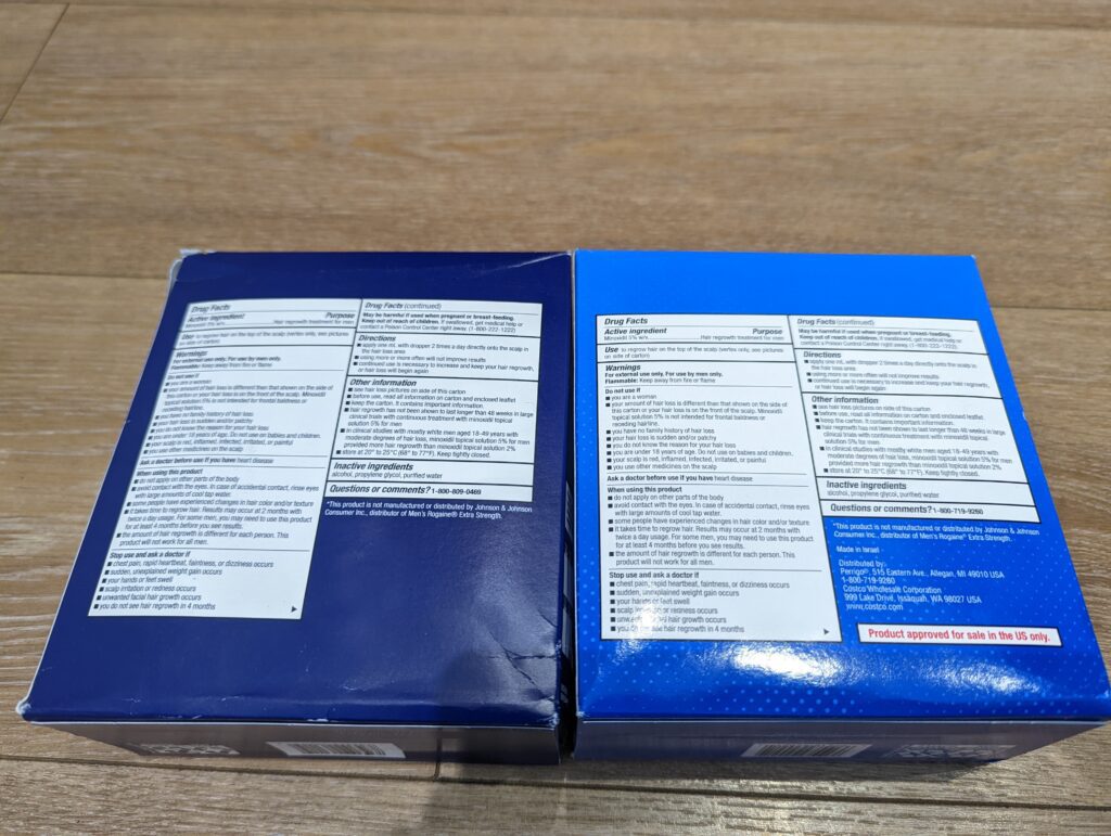 Member's Mark (左) 與 Kirkland (右) 外盒背面 Drug Facts 實拍對比，展示兩者的有效成分與非活性成分完全一致。